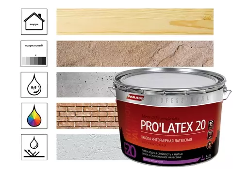 Краска интерьерная Parade Pro'Latex Е20 9л, база А белый