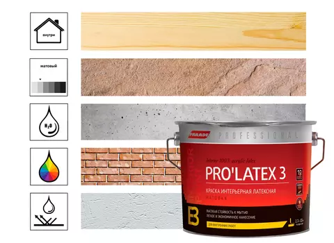 Краска интерьерная Parade Pro'Latex Е3 2,7л, база А белый