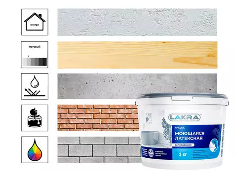Краска моющаяся латексная Лакра белоснежная 3кг