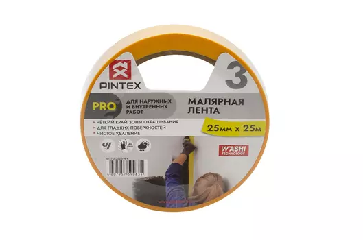 Малярная лента PINTEX Pro WASHI желтая 25мм*25м