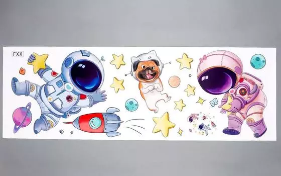 Наклейка пластик интерьерная цветная "Космонавты с собакой" 30х90 см