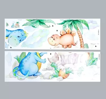 Наклейка пластик интерьерная цветная "Малыши динозаврики" набор 2 листа 30х90 см