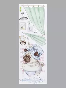 Наклейка пластик интерьерная цветная "Мопс в душе" 30х90 см