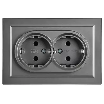 Розетка IEK BRITE 2-местная с заземлением без защитных шторок 16А в сборе РС12-3-БрС цвет сталь