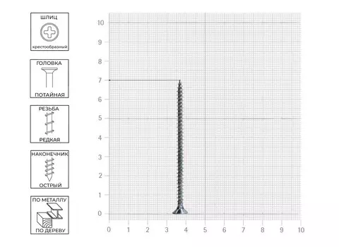 Саморез 4х70 мм универсальный, потайная головка, оцинкованный, 75 шт