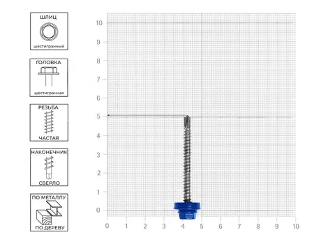 Саморез кровельный 4,8х51 RAL5005 синий, 55 шт