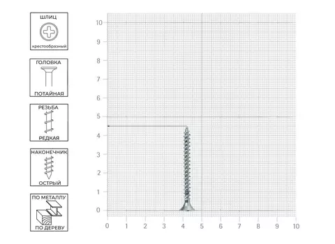 Саморез Tech-Krep 4х45 мм, универсальный, оцинкованный, потайная головка, 14 шт