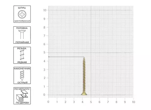 Саморез Tech-Krep 4х45 мм, универсальный, желтопассивированный, потайная головка, 14 шт