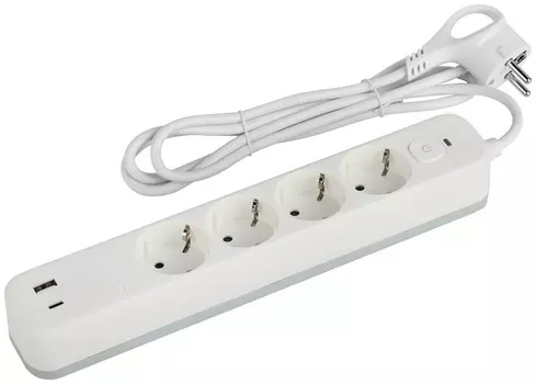 Сетевой фильтр ЭРА USF-4es-3m-2xUSBAC-W с базовой защитой с заземлением с выключателем 4 розетки+2xU