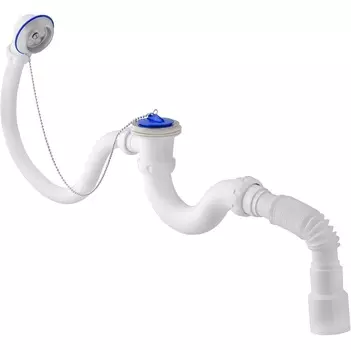 Сифон для ванны прямоточный S32 1.1/2"х40 (нержавеющий выпуск, с перелив, пробка с цеп.) с унив.г.т.