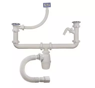 Сифон двойной двухуровневый 1 1/2 х 40, ОРИО, с переливом, одним отводом и гибкой трубой 40-40/50