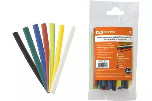 Термоусаживаемая трубка ТУТнг 4/2 набор (7 цветов по 3 шт. 100мм) TDM