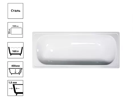 Ванна стальная эмалированная Antika 1500х700 мм с ножками, белый