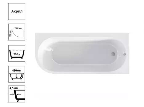 Ванна Веста 1700х750 мм, правая, с каркасом