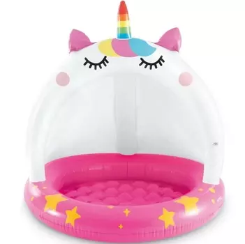 Детский надувной бассейн 102х102см, 45л, от 1 до 3 лет Intex Котенок-единорожка, с навесом 58438