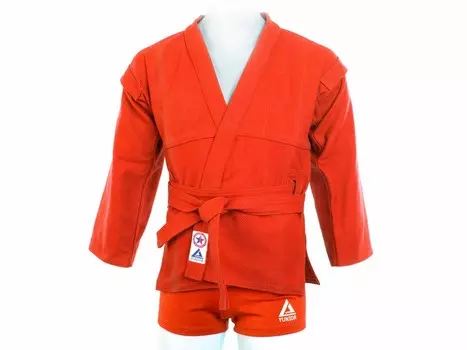 Комплект для Самбо (куртка, шорты трикотаж) плетенный, лицензионный, красный