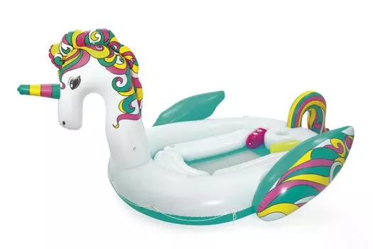 Надувной матрас-остров для плавания Bestway 590х404см Единорог с ручками и подстаканниками 43228