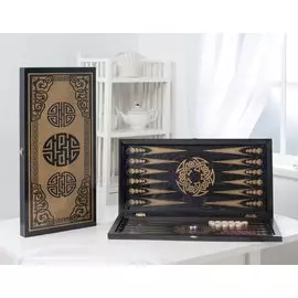 Нарды большие Китайский орнамент 151-17 черные, рисунок золото