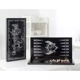 Нарды большие Рыцари 113-15 черные, рисунок серебро