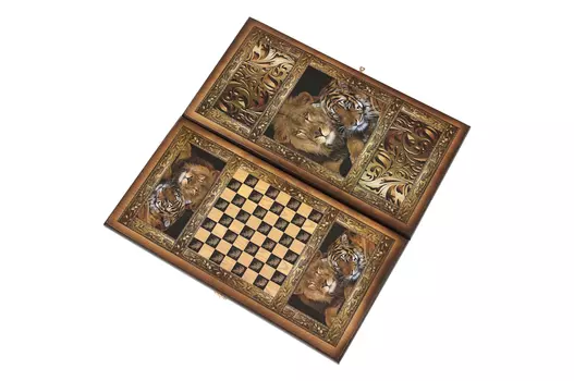 Нарды + Шашки Сирия Львы средние (Россия, дерево, 50х25х4 см)