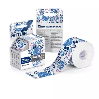 Тейп кинезиологический, 500x5 см Tmax Pattern Gzhel1 423431 рисунок гжель, белый