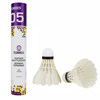 Воланы для бадминтона Torres 05 (перо/пробка), BD20130, уп.12 шт.белый, сред.скор.