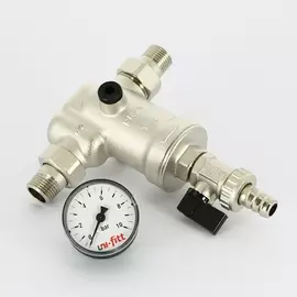 Фильтр промывной Uni-Fitt ВН 1/2" х 3/4" с редукц. соед., с аксиальным манометром, 100 мкм, никелированный 217B2310