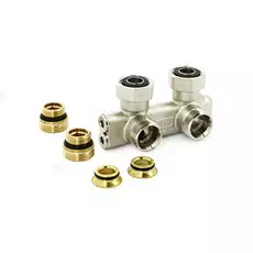 Узел радиаторный со встроенными вентилями UNI-FITT угловой перекрёстный НВ 3/4" х 3/4"ЕК с ниппелями и адаптером 197N3011