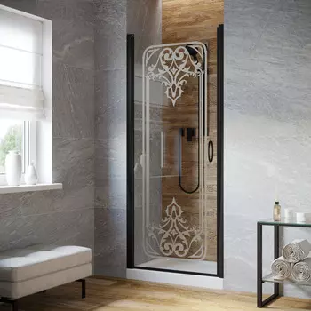 Душевая дверь в нишу Vegas-Glass EP Lux 85x199 EP LUX 85 02М ARTDECO D1 стекло прозрачное с декором, профиль черный