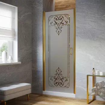 Душевая дверь в нишу Vegas-Glass EP Lux 85x199 EP LUX 85 09 ARTDECO D2 стекло матовое с декором, профиль глянцевое золото