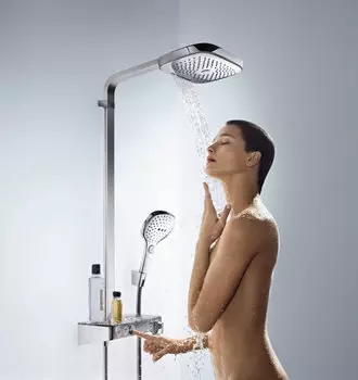 Душевая стойка Hansgrohe Raindance Select Push 300 3jet Showerpipe 27127400 с термостатом, без излива, белая, хром