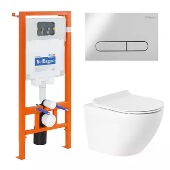 Комплект 4в1 унитаз с инсталляцией BelBagno Sfera-R BB046CHR/BB2111SC/BB002-80/BB005-PR-CHROME безободковый, с крышкой микролифт и кнопкой смыва