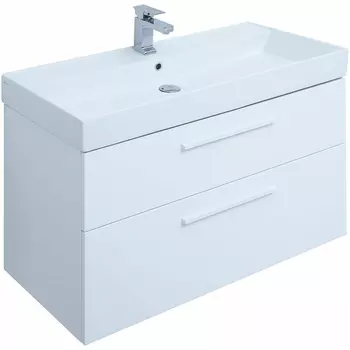 Тумба с раковиной Aquanet Nova 100 см подвесная 2 ящика, белая глянцевая