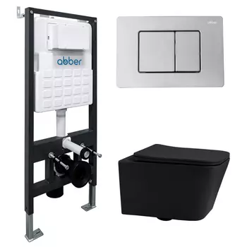 Комплект подвесного унитаза с инсталляцией Abber Rechteck AC1201MB-AC0105-AC0120 безободковый, черный матовый, кнопка хром
