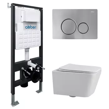 Комплект подвесного унитаза с инсталляцией Abber Rechteck AC1201-AC0105-AC0121MCH безободковый, белый, кнопка хром матовый