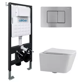 Комплект подвесного унитаза с инсталляцией Abber Rechteck AC1201-AC0105-AC0120MCH безободковый, белый, кнопка хром матовый