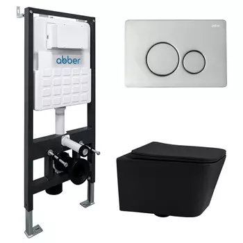 Комплект подвесного унитаза с инсталляцией Abber Rechteck AC1201MB-AC0105-AC0121 безободковый, черный матовый, кнопка хром