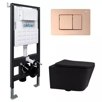 Комплект подвесного унитаза с инсталляцией Abber Rechteck AC1201MB-AC0105-AC0120RG безободковый, черный матовый, кнопка розовое золото