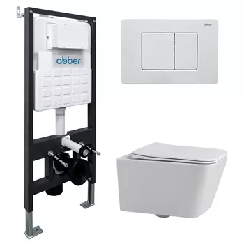 Комплект подвесного унитаза с инсталляцией Abber Rechteck AC1201-AC0105-AC0120MW безободковый, белый, кнопка белая матовая
