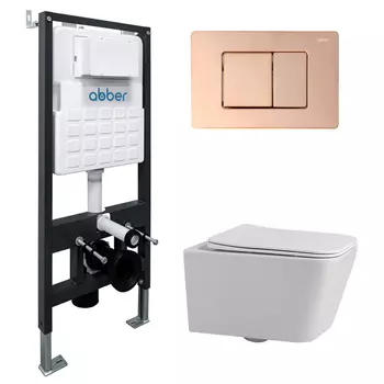 Комплект подвесного унитаза с инсталляцией Abber Rechteck AC1201-AC0105-AC0120RG безободковый, белый, кнопка розовое золото