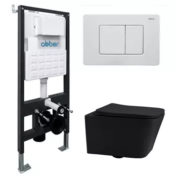 Комплект подвесного унитаза с инсталляцией Abber Rechteck AC1201MB-AC0105-AC0120MW безободковый, черный матовый, кнопка белая
