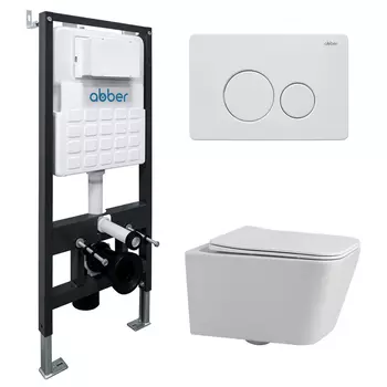 Комплект подвесного унитаза с инсталляцией Abber Rechteck AC1201-AC0105-AC0121MW безободковый, белый, кнопка белая матовая