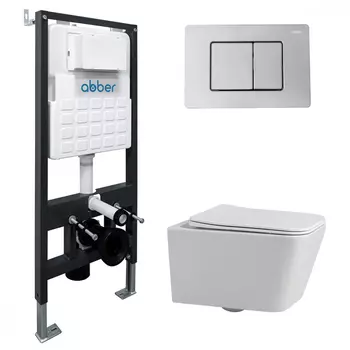 Комплект подвесного унитаза с инсталляцией Abber Rechteck AC1201-AC0105-AC0120 безободковый, крышка с микролифтом, белый, кнопка хром