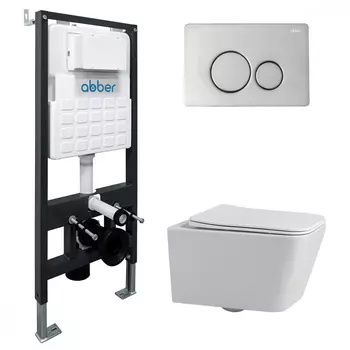 Комплект подвесного унитаза с инсталляцией Abber Rechteck AC1201-AC0105-AC0121 безободковый, крышка с микролифтом, белый, кнопка хром