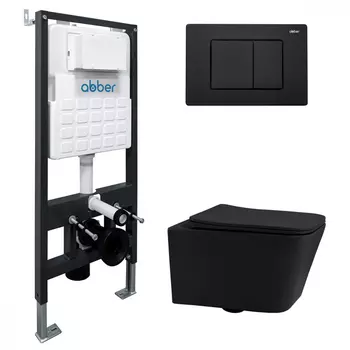 Комплект подвесного унитаза с инсталляцией Abber Rechteck AC1201MB-AC0105-AC0120MB безободковый, крышка с микролифтом, черный матовый, кнопка черная