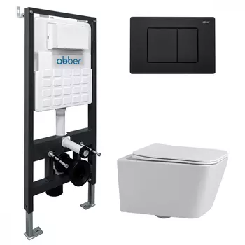 Комплект подвесного унитаза с инсталляцией Abber Rechteck AC1201-AC0105-AC0120MB безободковый, крышка с микролифтом, белый, кнопка черная