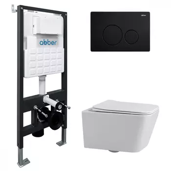Комплект подвесного унитаза с инсталляцией Abber Rechteck AC1201-AC0105-AC0121MB безободковый, крышка с микролифтом, белый, кнопка черная