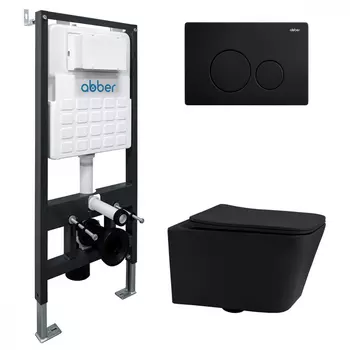 Комплект подвесного унитаза с инсталляцией Abber Rechteck AC1201MB-AC0105-AC0121MB безободковый, крышка с микролифтом, черный матовый, кнопка черная