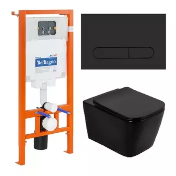 Комплект подвесного унитаза с инсталляцией BelBagno Ardente-C BB3202CHR-MB/BB3202SC-MB/BB002-80/BB007-PR-NERO.M безободковый, с микролифтом, черный