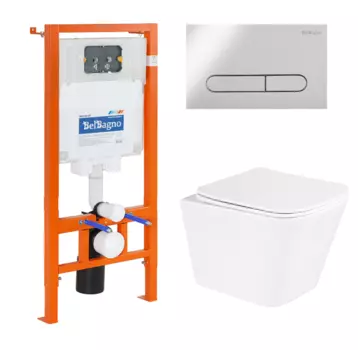 Комплект подвесного унитаза с инсталляцией BelBagno Due BB3103CHR/SC/BB002-80/BB005-PR-CHROME безободковый, с микролифтом, белый, кнопка хром